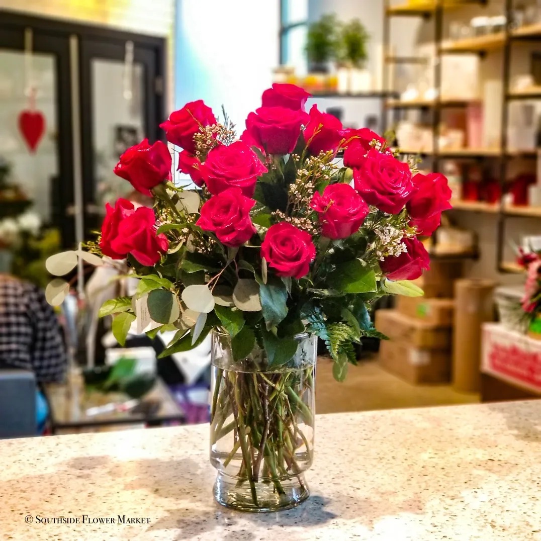 Dozen Roses In A Vase Deluxe - Southside flower market