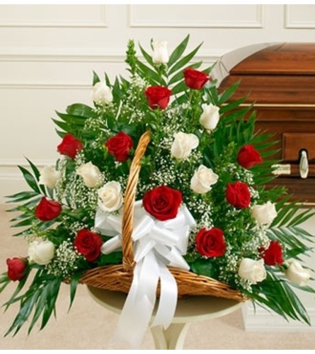 Red And White Rose Fireside Basket - Sympathy Flowers