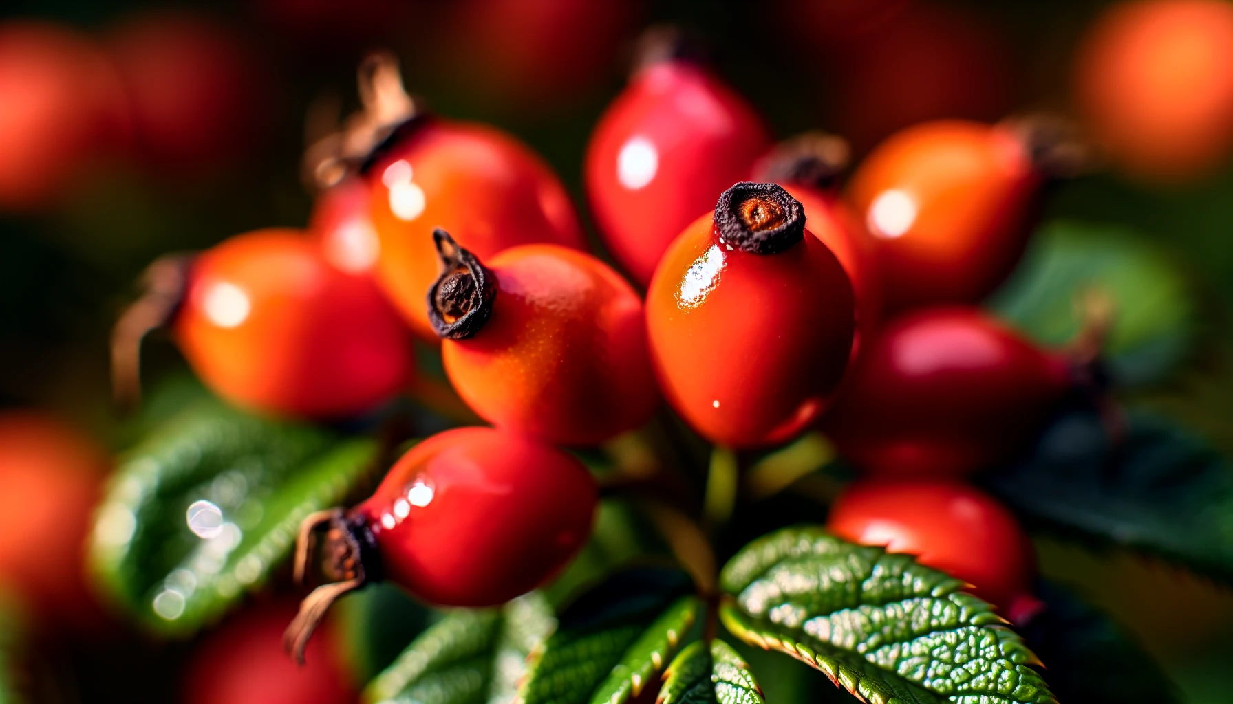 Close-up of rose hips, showcasing the fruit of the rose plant with medicinal and edible uses