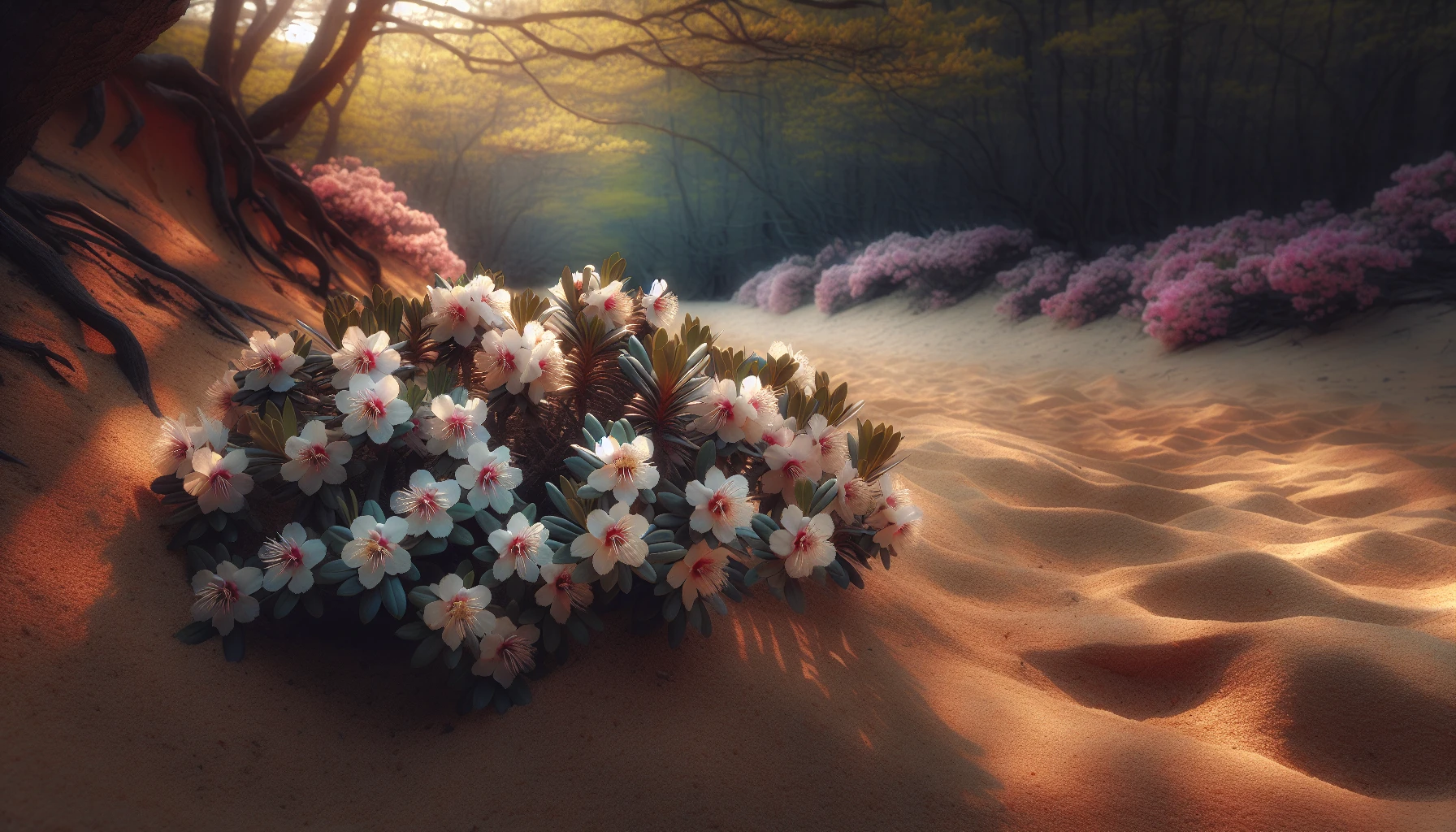 Trailing arbutus flowers in a sandy soil environment