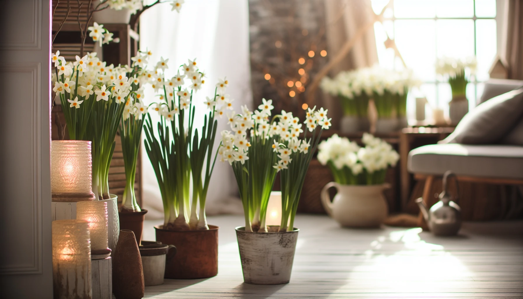 A cozy indoor setting with blooming paperwhite narcissus