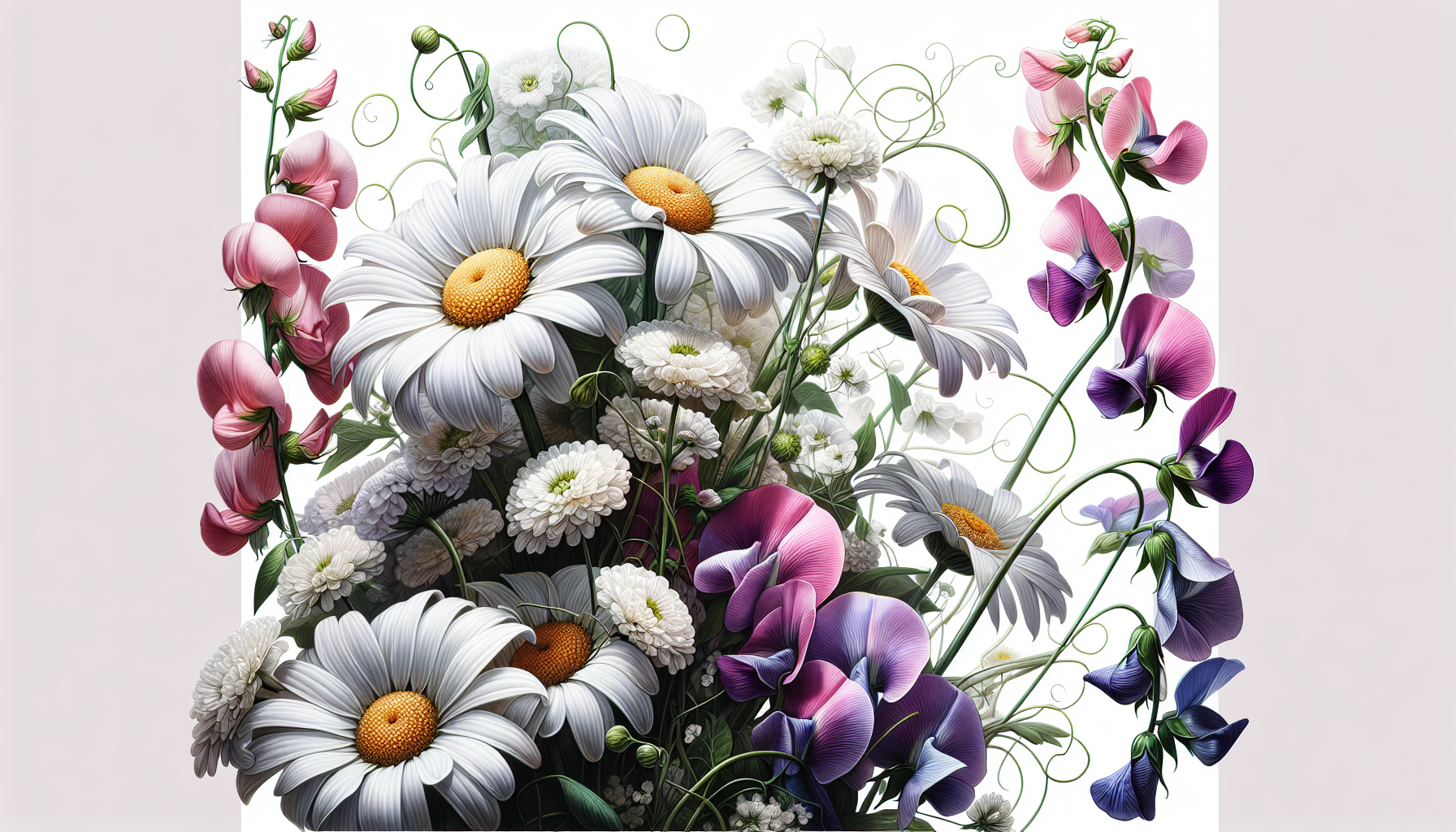 Illustration of daisies and sweet peas in a bouquet