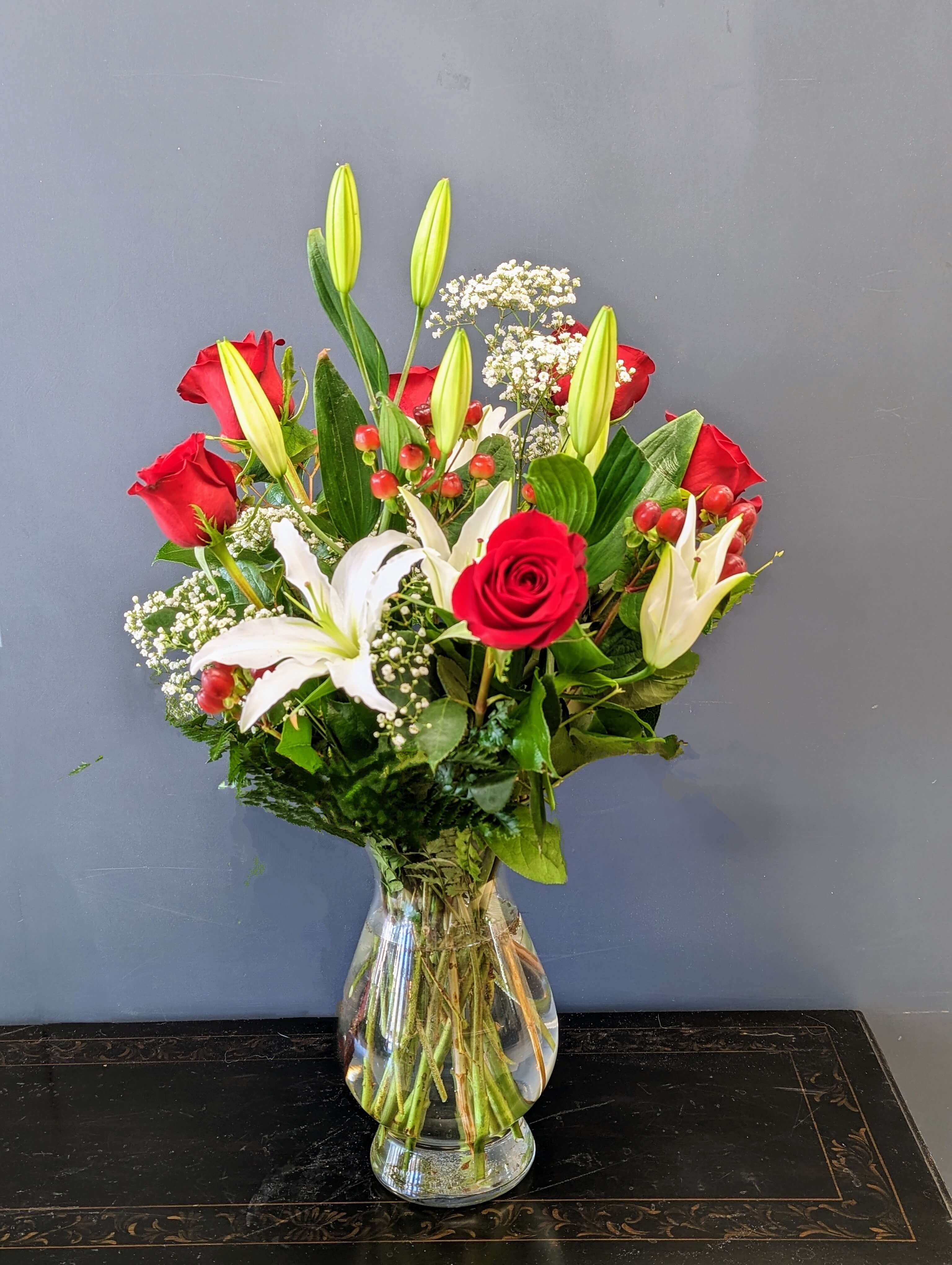 Rose, Lily and tulip arrangement for valentine day