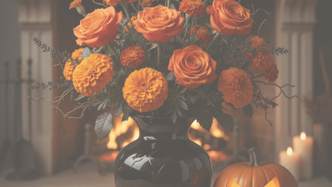 Black and orange Halloween flower bouquet with pumpkin décor