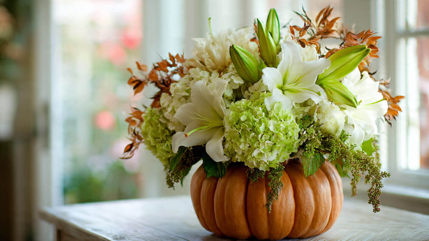 Thanksgiving flower arrangement with lilies, hydrangeas